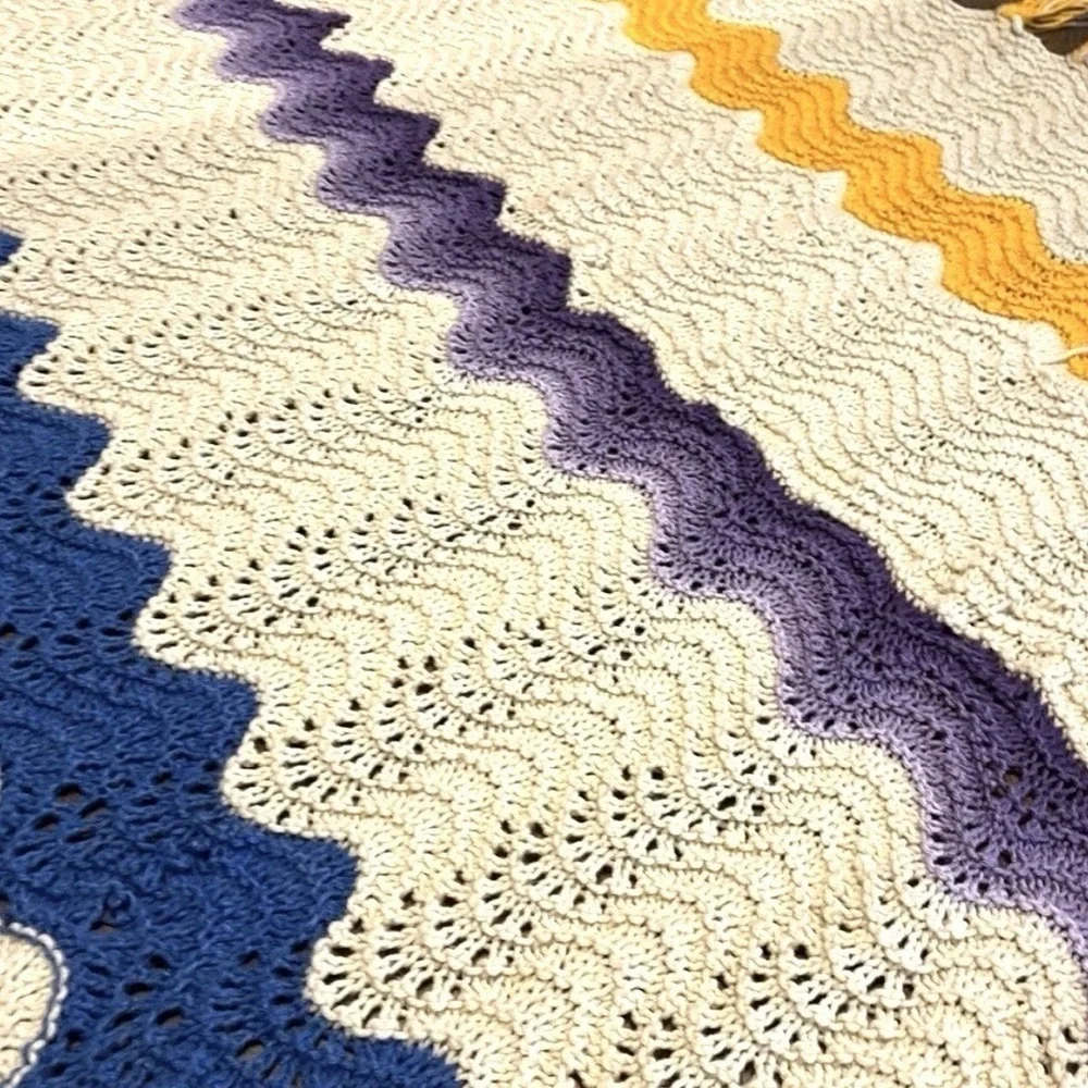 Hand Crocheted Knit Twin Size Afghan Throw Blanket Cream, Yellow, Purple & Blue